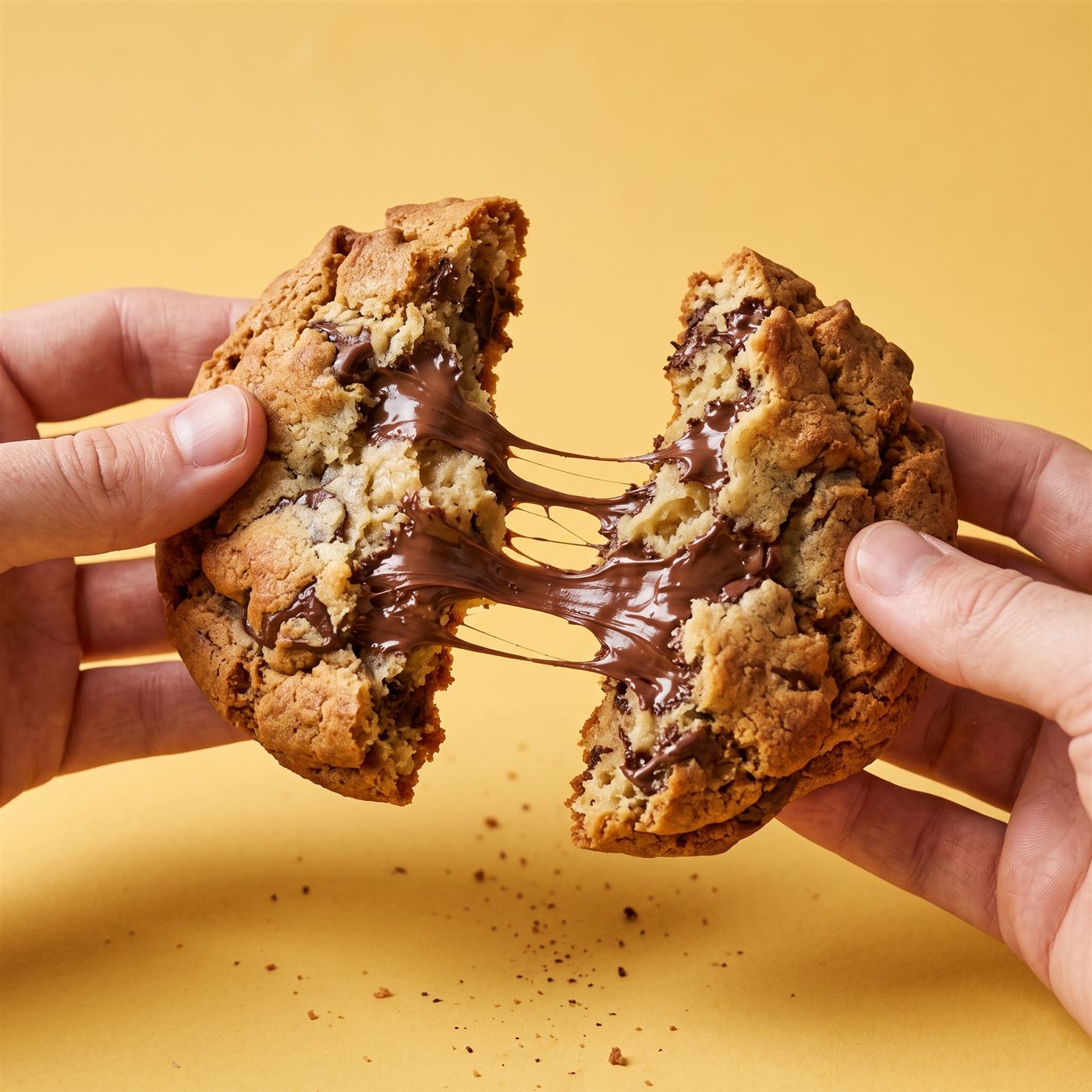 A thick cookie broken open, molten chocolate stretching between the halves